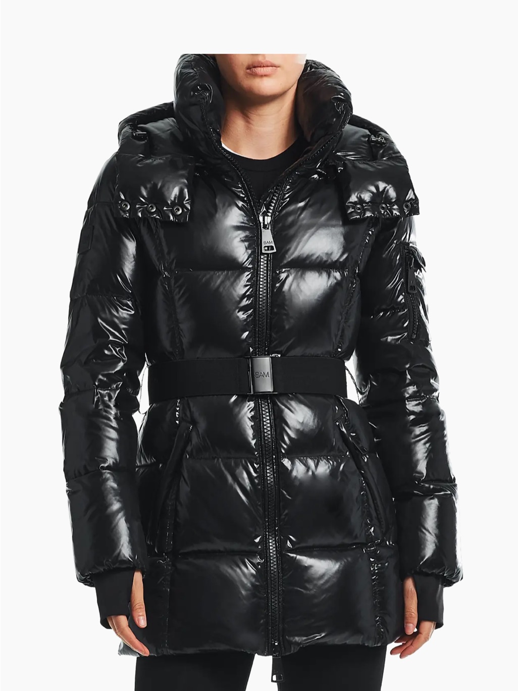 Sam. Black Gloss Quilted Belted Puffer Coat